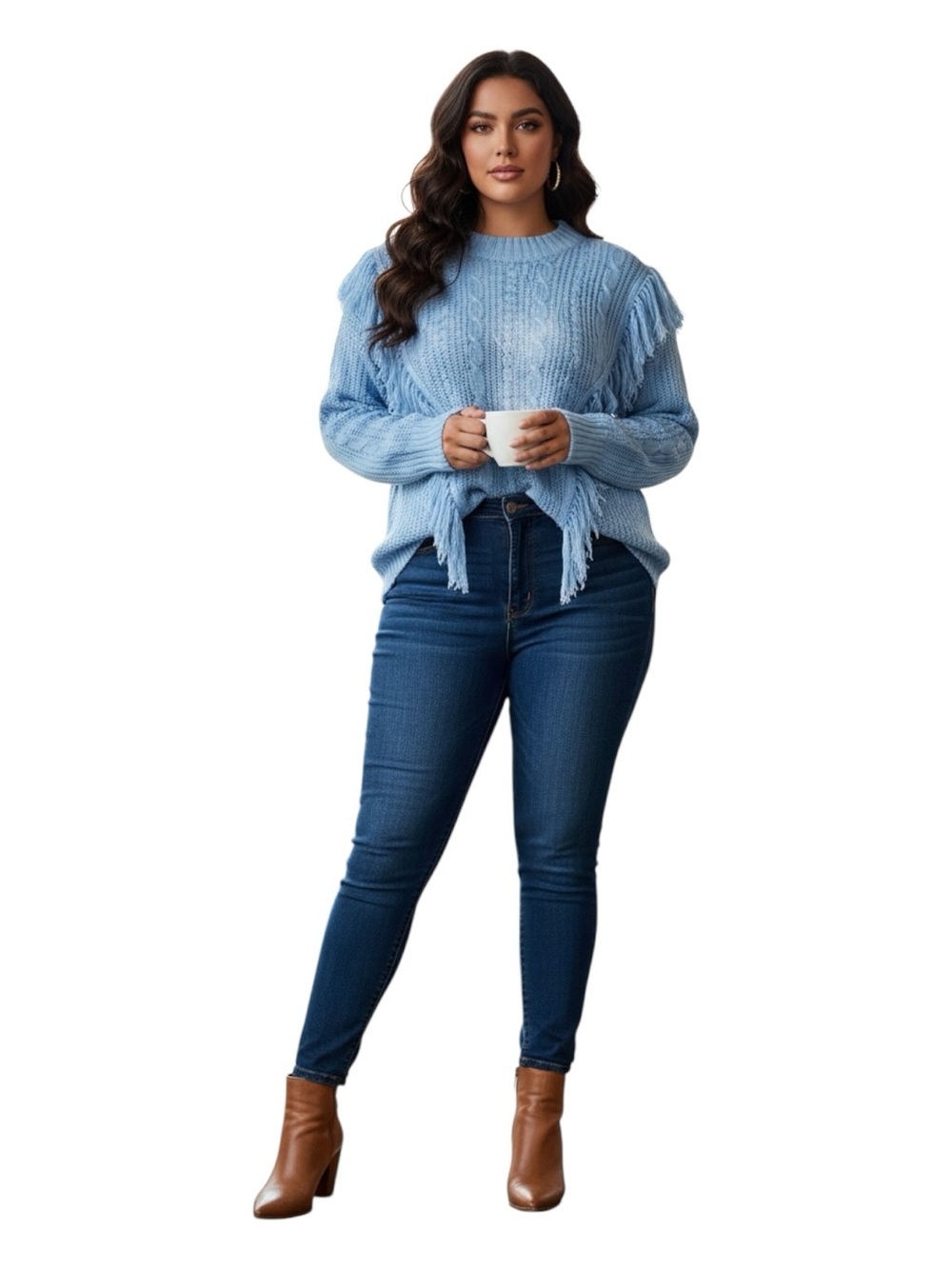 Caren Sport Plus Size 2X Light Blue Fringe Cable Knit Sweater